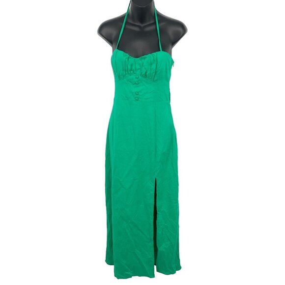 Zara Linen Midi Dress Sleeveless Halter Slit Green Size Medium M Women Sexy New - Picture 1 of 9